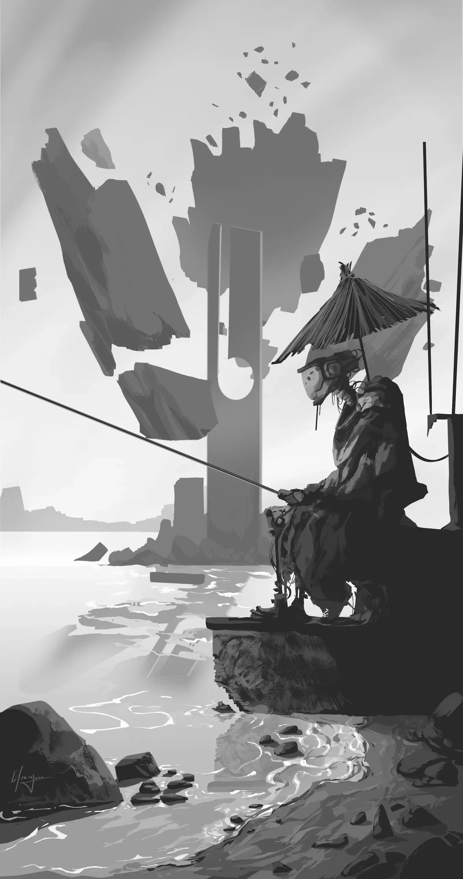 Robot con sombrero de paja y paraguas asiático pescando junto a una estructura monolítica flotante en un paisaje post-apocalíptico, ilustración digital en escala de grises