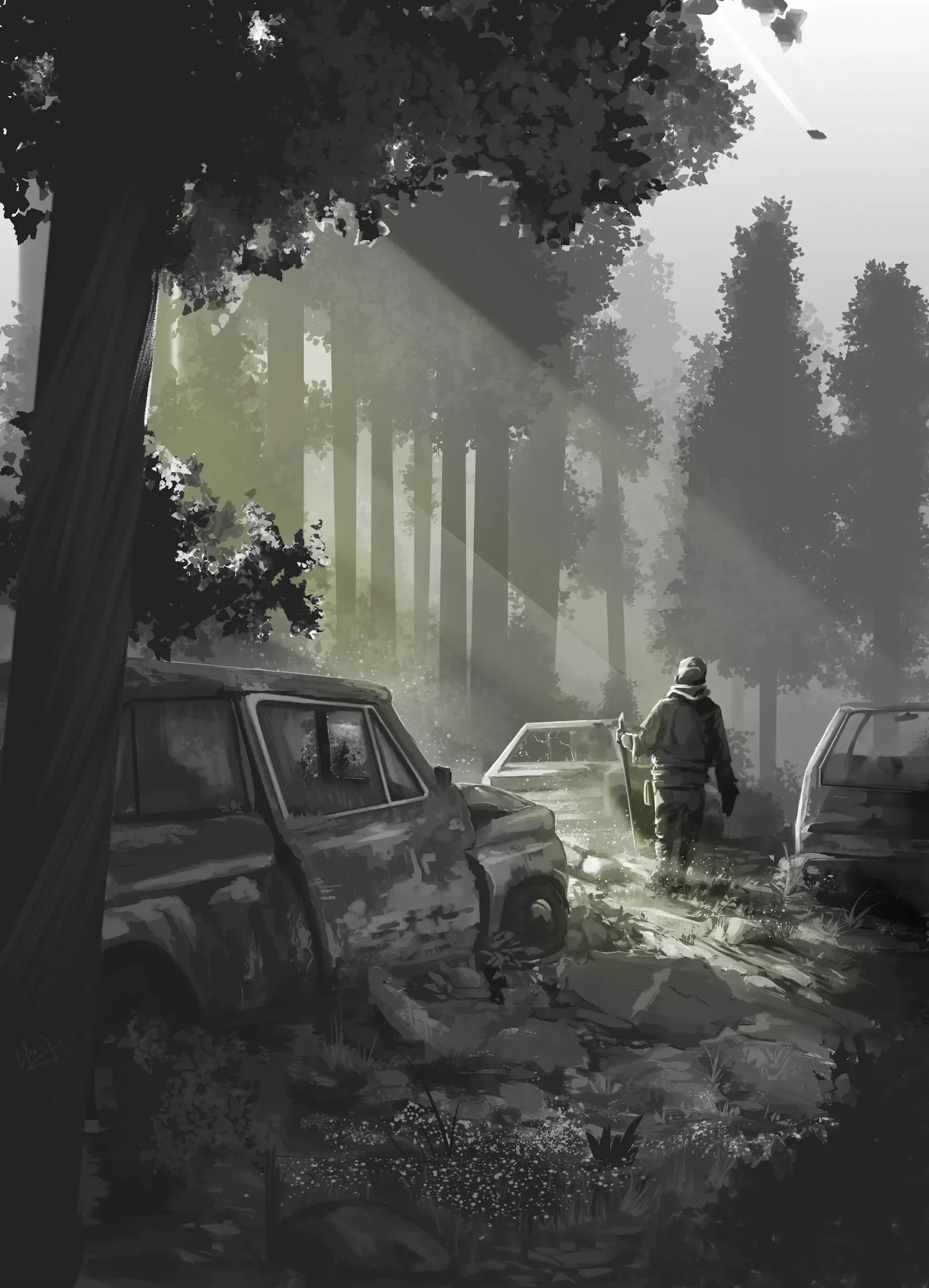 Ilustración digital en escala de grises de una figura solitaria caminando por una carretera forestal invadida por la vegetación, rodeada de vehículos abandonados y oxidados, con rayos de luz volumétrica atravesando la niebla y el dosel arbóreo.