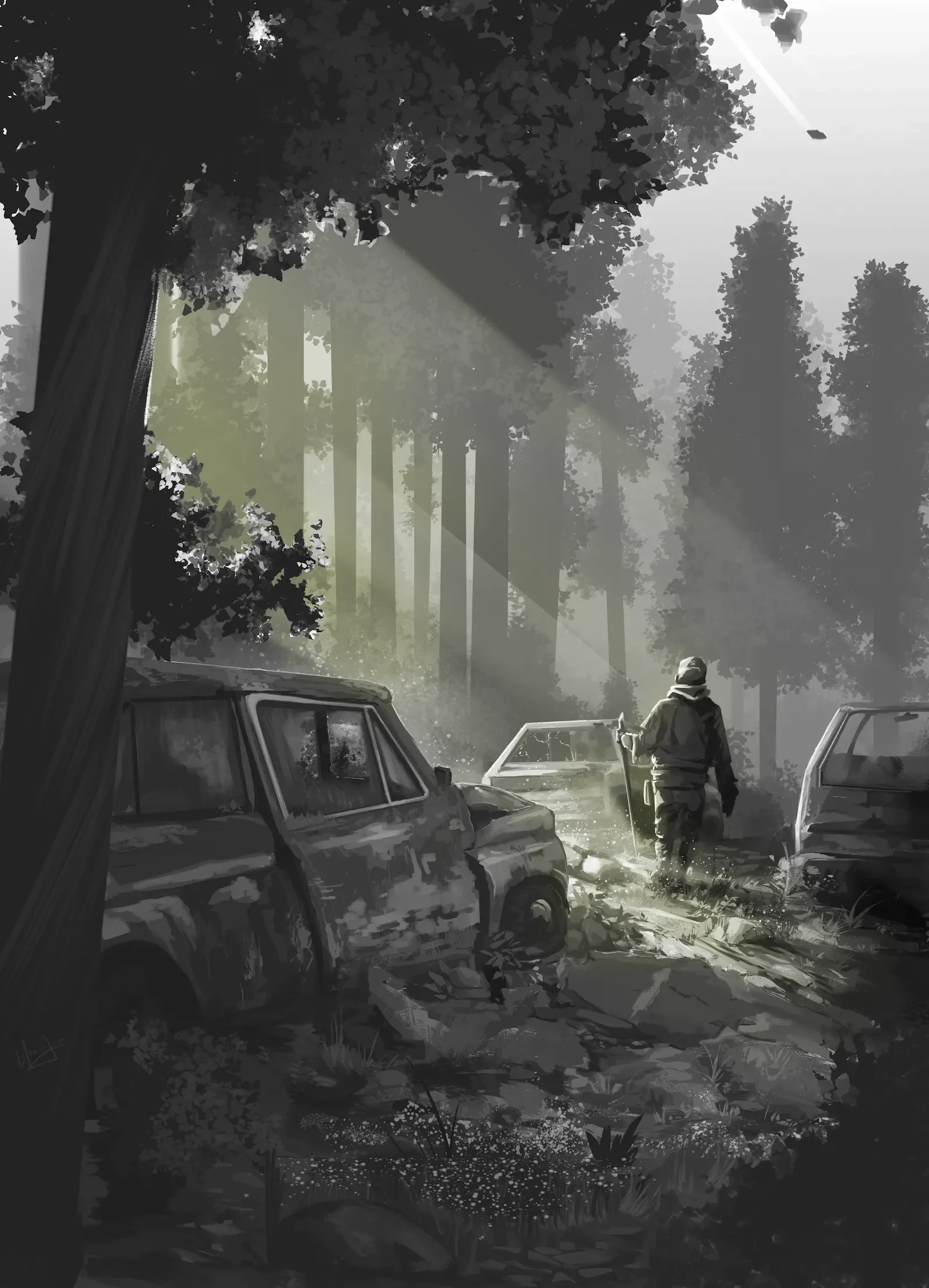 Ilustración digital en escala de grises de una figura solitaria caminando por una carretera forestal invadida por la vegetación, rodeada de vehículos abandonados y oxidados, con rayos de luz volumétrica atravesando la niebla y el dosel arbóreo.