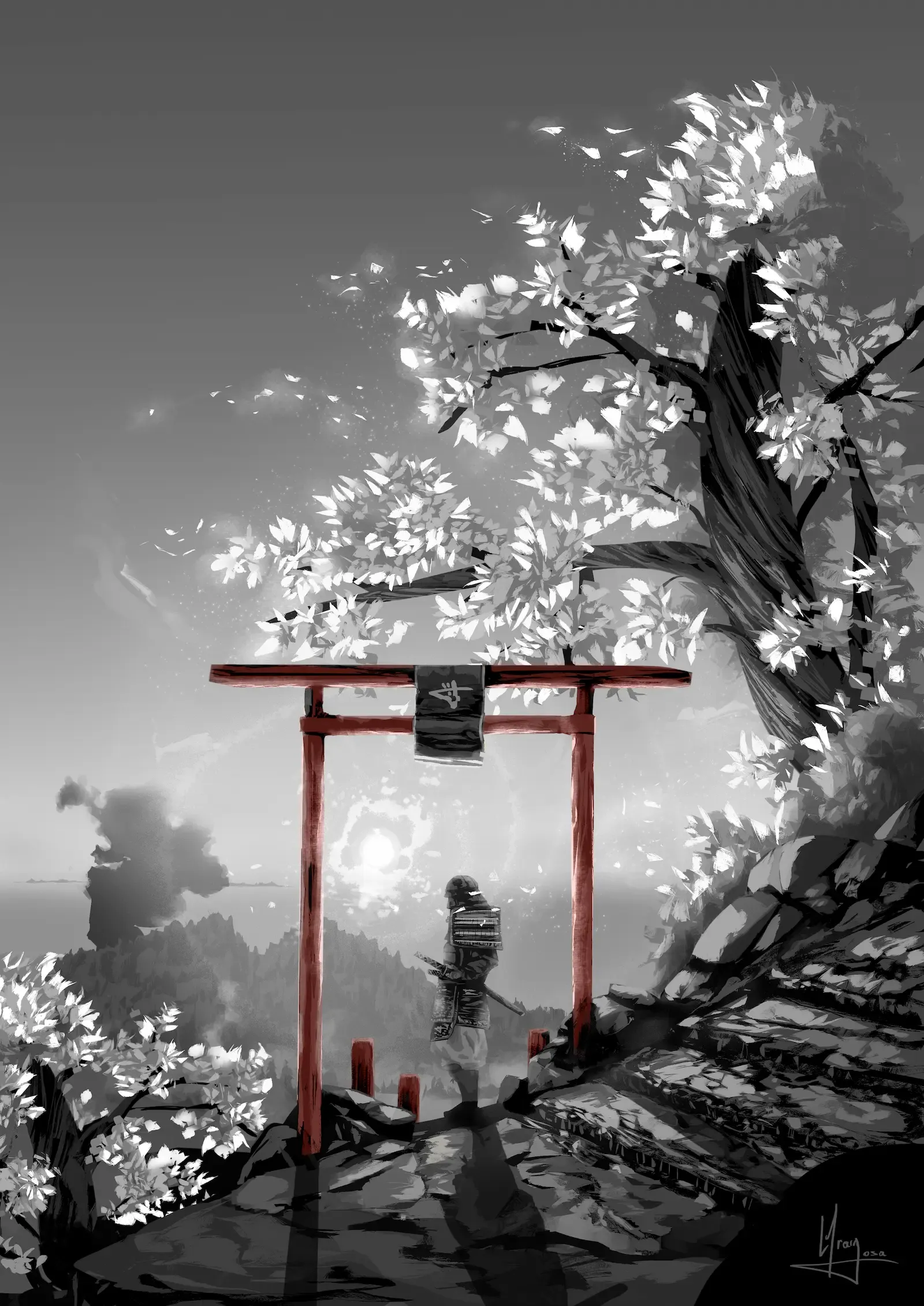 Samurái a caballo atravesando un bosque japonés neblinoso al amanecer, ilustración digital en escala de grises