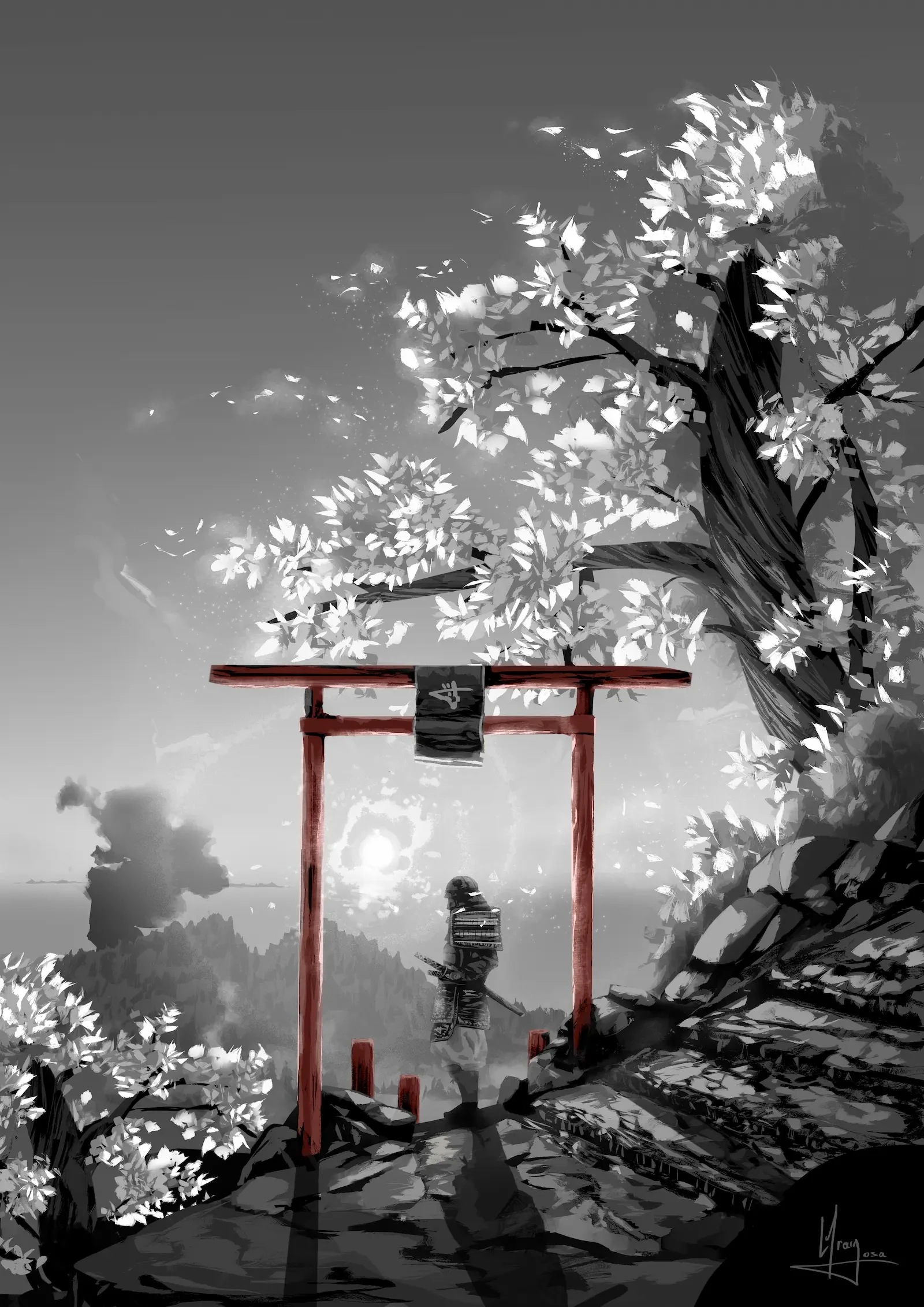 Samurái a caballo atravesando un bosque japonés neblinoso al amanecer, ilustración digital en escala de grises